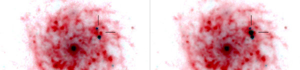 [Before and after Spitzer/IRAC images of NGC 1058 showing the supernova SN 2007gr]